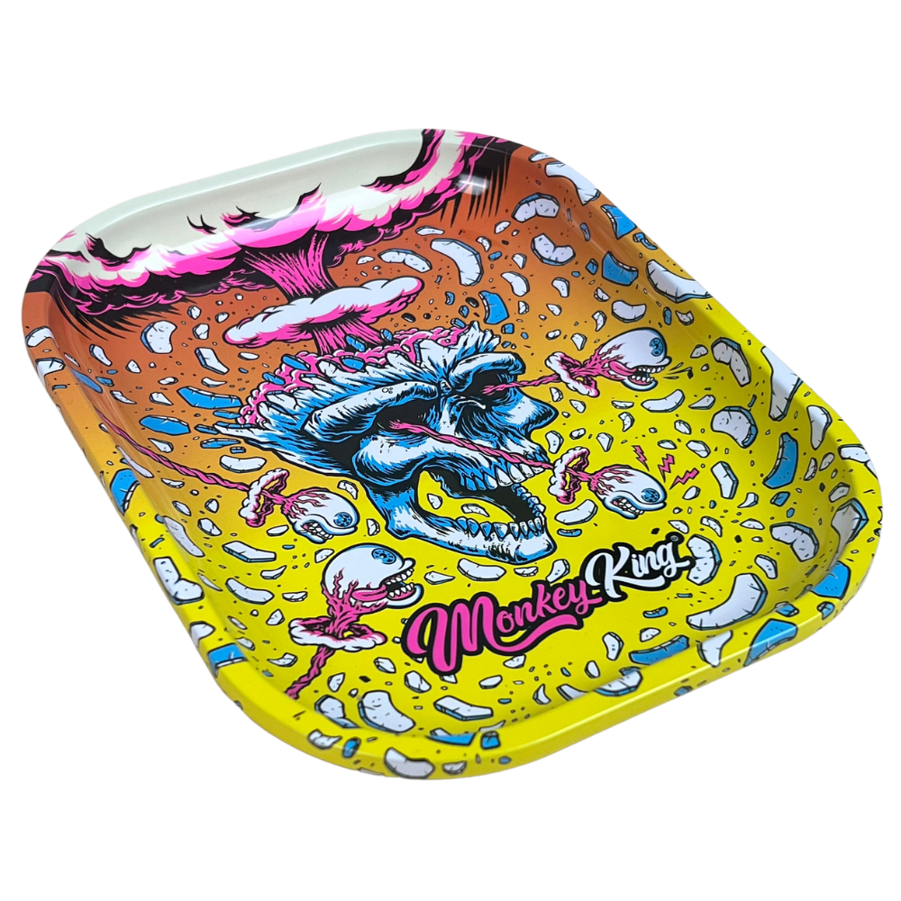Bandeja metálica Beetle Print Brain Explosion mostrada en perspectiva con diseño psicodélico en tonos azul, amarillo, rosa y naranja