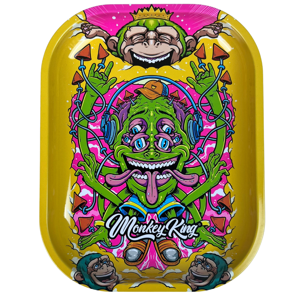 Bandeja metálica Beetle Print Crazy Monkey con diseño psicodélico amarillo, rosa y verde y personaje surrealista en la parte frontal