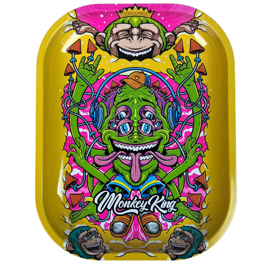 Bandeja metálica Beetle Print Crazy Monkey con diseño psicodélico amarillo, rosa y verde y personaje surrealista en la parte frontal