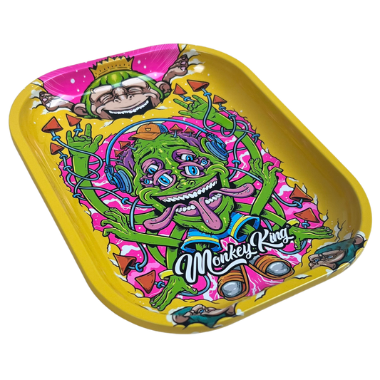 Bandeja metálica Beetle Print Crazy Monkey mostrada en perspectiva con ilustración psicodélica multicolor y bordes elevados