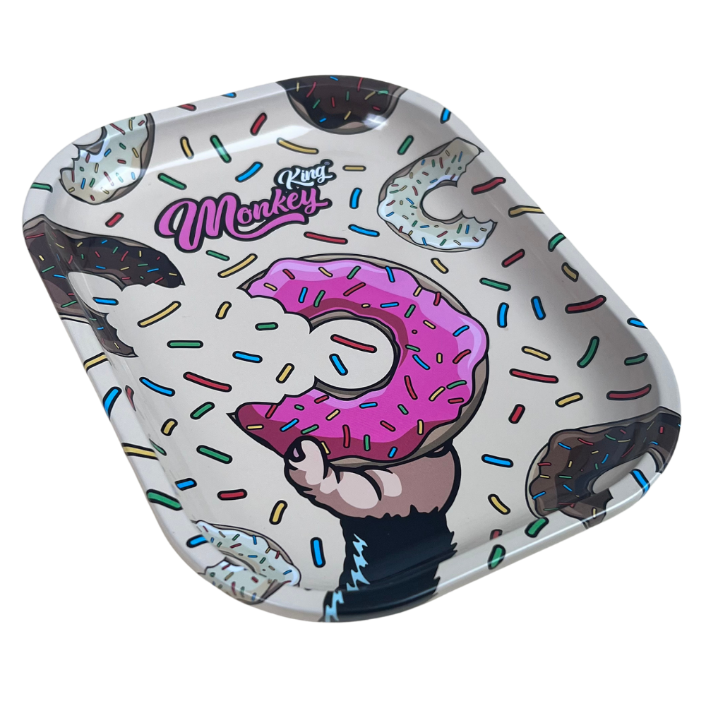 Bandeja metálica Beetle Print Donut Madness mostrada en perspectiva con diseño de rosquilla rosa, sprinkles y estética pop