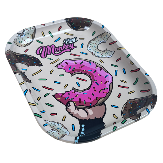 Bandeja metálica Beetle Print Donut Madness mostrada en perspectiva con diseño de rosquilla rosa, sprinkles y estética pop