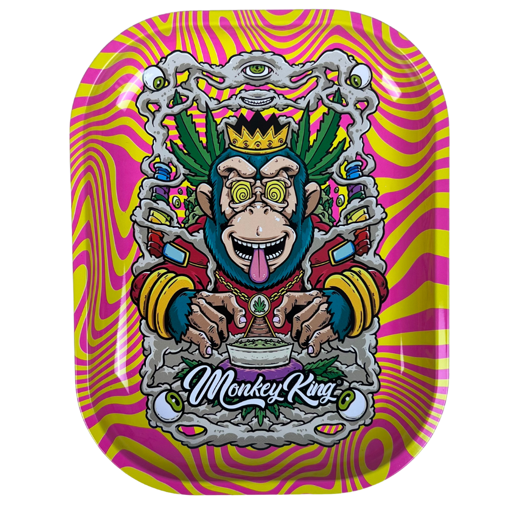 Bandeja metálica Beetle Print Hypno King con diseño psicodélico rosa y amarillo, personaje central coronado y ondas hipnóticas