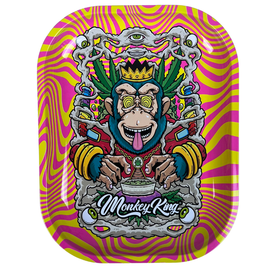 Bandeja metálica Beetle Print Hypno King con diseño psicodélico rosa y amarillo, personaje central coronado y ondas hipnóticas