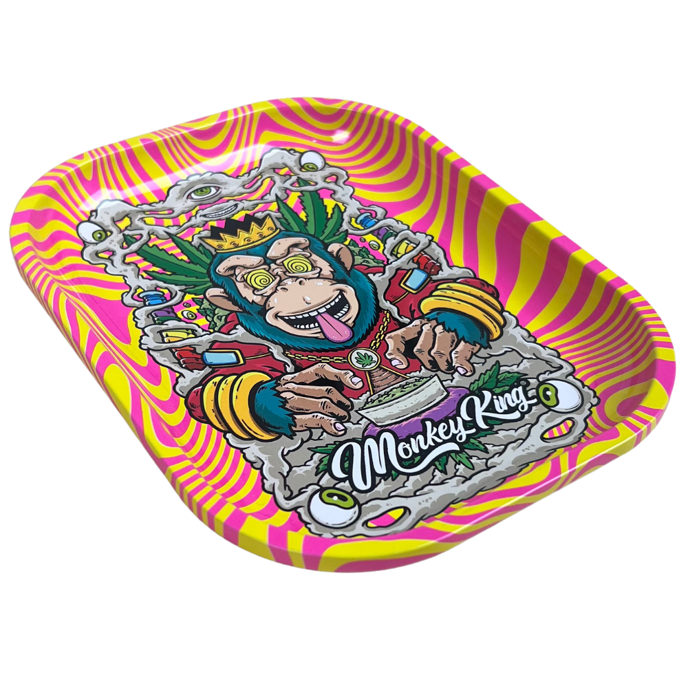 Bandeja metálica Beetle Print Hypno King mostrada en perspectiva con ilustración psicodélica en tonos rosa, amarillo y verde