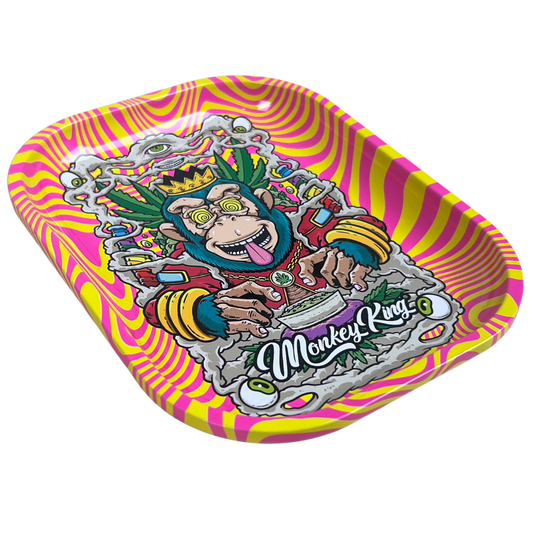 Bandeja metálica Beetle Print Hypno King mostrada en perspectiva con ilustración psicodélica en tonos rosa, amarillo y verde