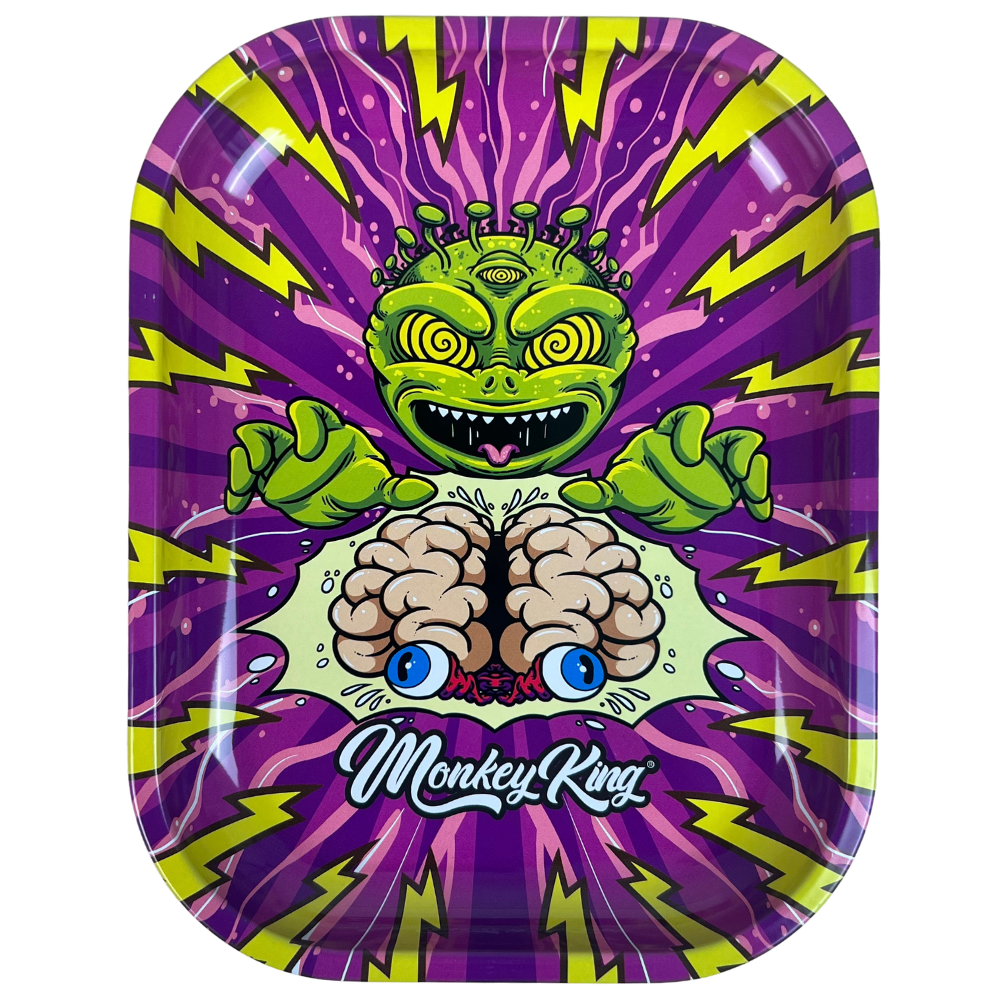 Bandeja metálica Beetle Print Mind Control con diseño psicodélico en violeta, verde y amarillo y criatura central sobre un cerebro