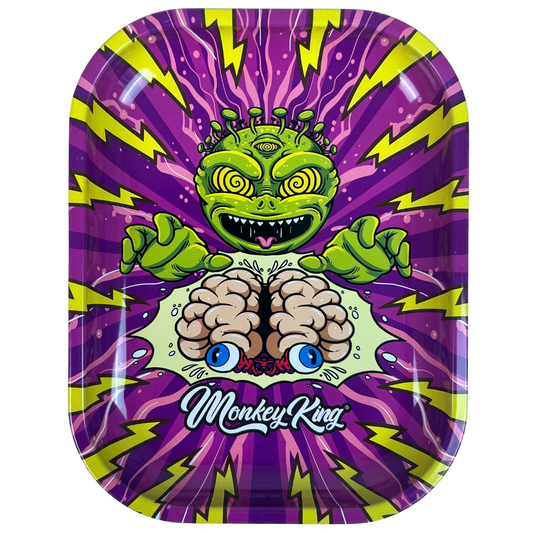 Bandeja metálica Beetle Print Mind Control con diseño psicodélico en violeta, verde y amarillo y criatura central sobre un cerebro
