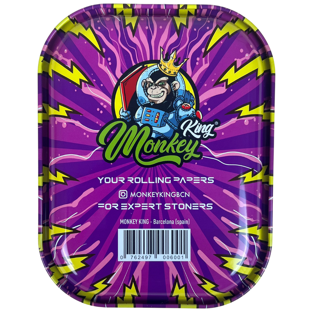 Reverso de la bandeja metálica Beetle Print Mind Control con ilustración psicodélica en tonos violeta, verde y amarillo