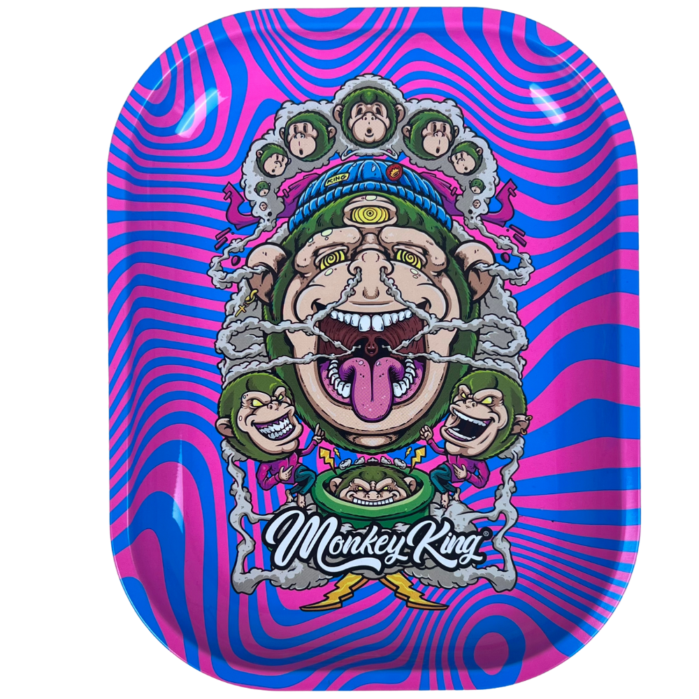 Bandeja metálica Beetle Print Mind Trip con diseño psicodélico en rosa y azul, mono de tres ojos y ondas hipnóticas