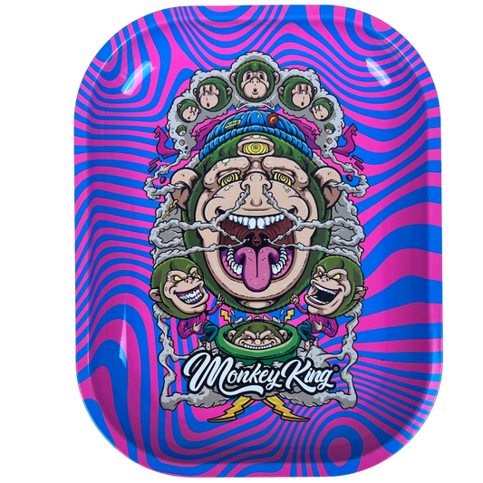 Bandeja metálica Beetle Print Mind Trip con diseño psicodélico en rosa y azul, mono de tres ojos y ondas hipnóticas