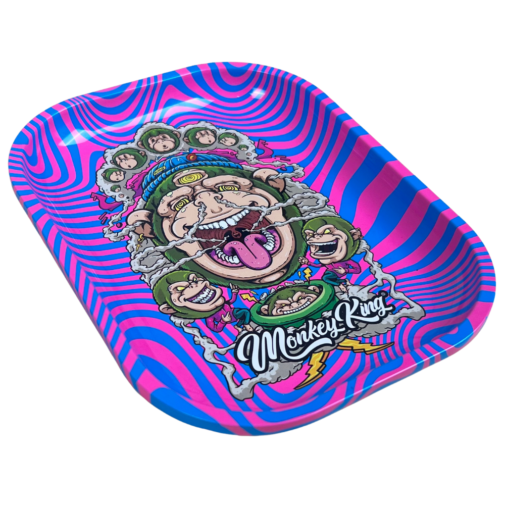 Bandeja metálica Beetle Print Mind Trip mostrada en perspectiva con ilustración psicodélica en tonos rosa, azul y violeta