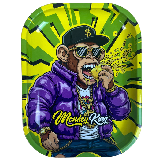 Bandeja metálica Beetle Print Money Madness con fondo verde y amarillo, personaje con gafas y diseño urbano en la parte frontal