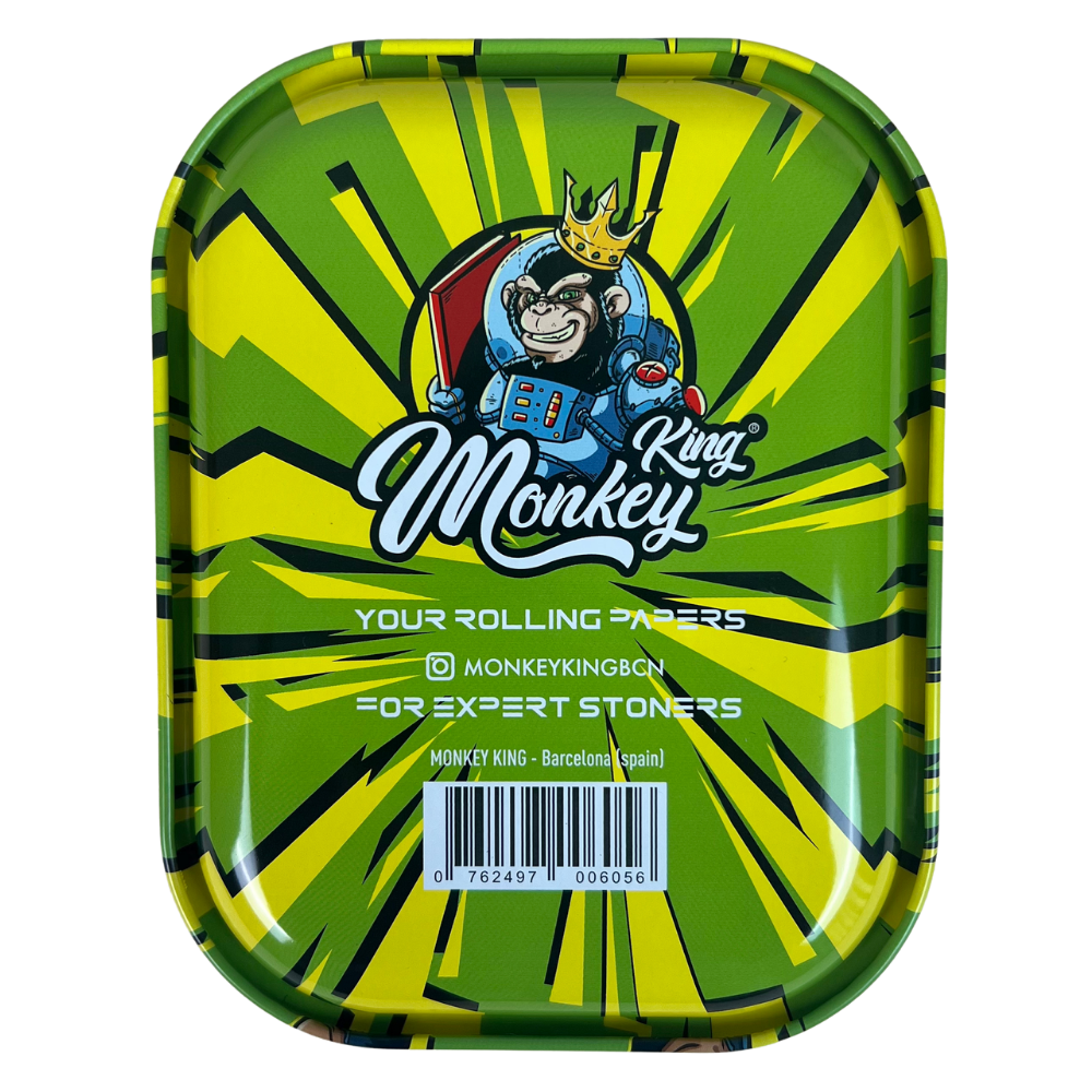 Reverso de la bandeja metálica Beetle Print Money Madness con ilustración decorativa en tonos verdes y amarillos