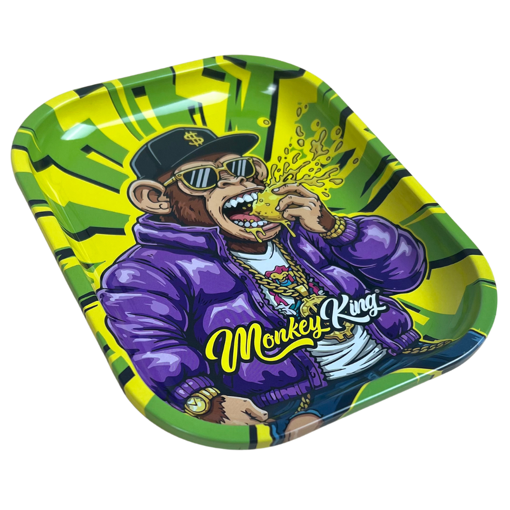 Bandeja metálica Beetle Print Money Madness mostrada en perspectiva con diseño verde, amarillo y morado