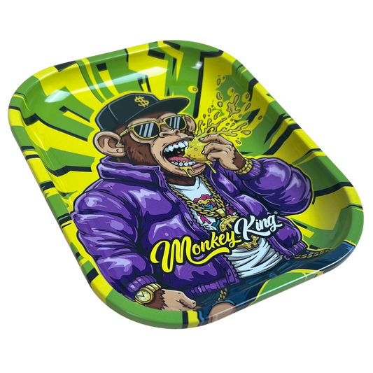 Bandeja metálica Beetle Print Money Madness mostrada en perspectiva con diseño verde, amarillo y morado