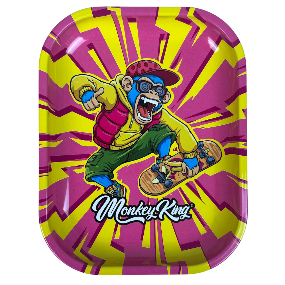 Bandeja metálica Beetle Print Skate Riot con diseño rosa y amarillo, mono skater y estética urbana en la parte frontal