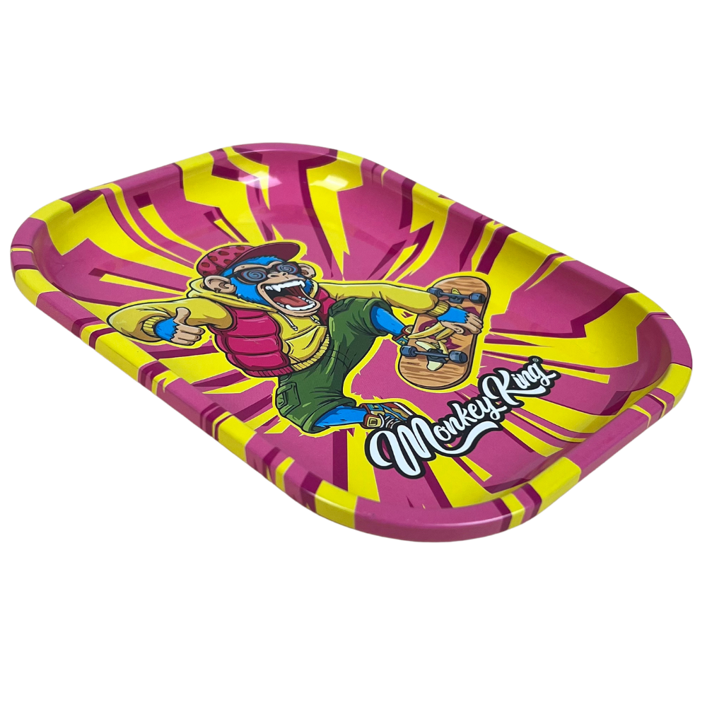Bandeja metálica Beetle Print Skate Riot mostrada en perspectiva con diseño gráfico rosa, amarillo y verde