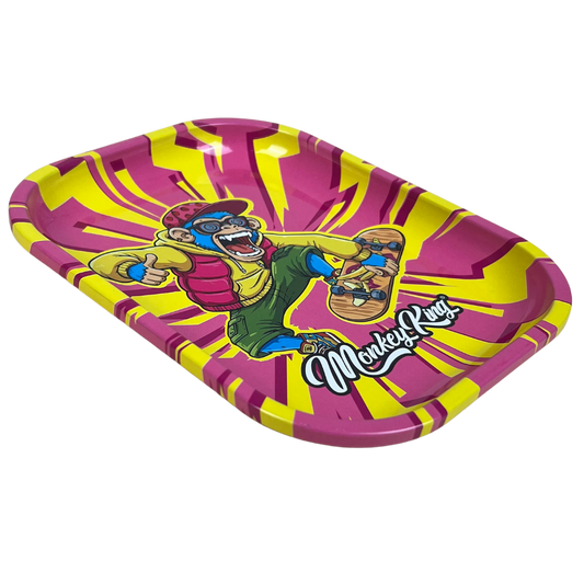Bandeja metálica Beetle Print Skate Riot mostrada en perspectiva con diseño gráfico rosa, amarillo y verde