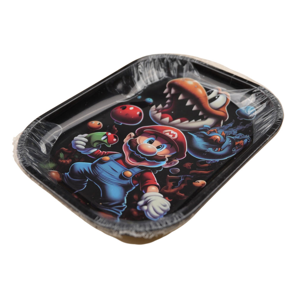 Bandeja metálica decorativa con ilustración estilo videojuego clásico vista en perspectiva