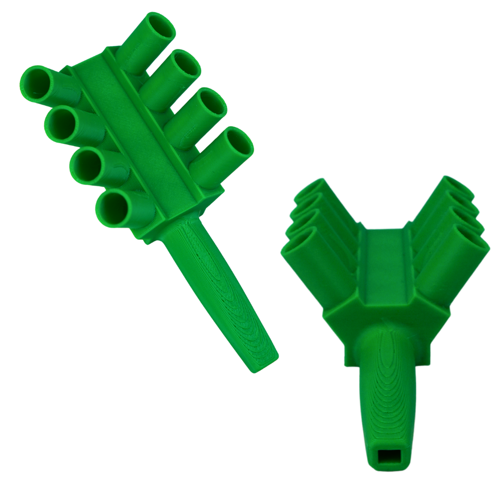 Boquilla para 8 conos impresa en 3D color verde compatible con ocho conos simultáneamente.