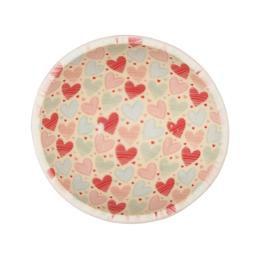 Vista superior de bowl de silicona outlet con diseño de corazones multicolor