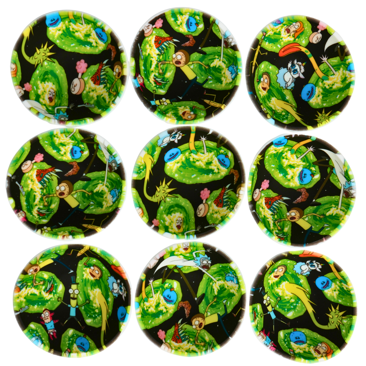 Bowl de silicona Beetle Print con diseño Pickle Rick y portales verdes inspirado en Rick and Morty, resistente y reutilizable.