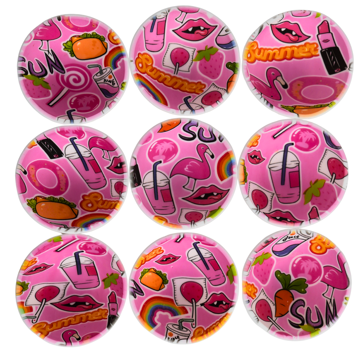 Bowl de silicona Beetle Print con diseño Summer de estilo pop, decorado con flamencos, labios, batidos, arcoíris y frutas.