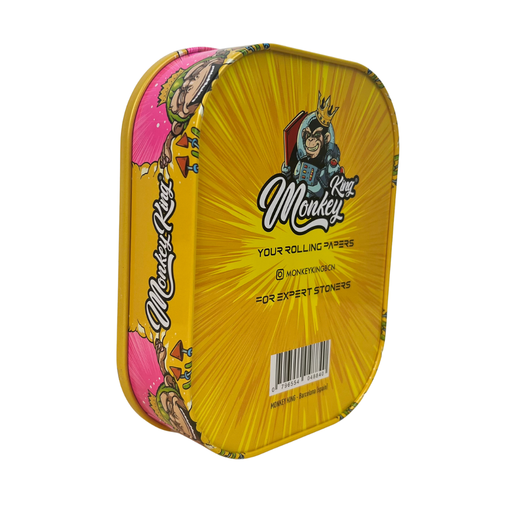 Caja metálica Beetle Print Monkey King abierta mostrando la tapa decorada y el interior metálico dorado