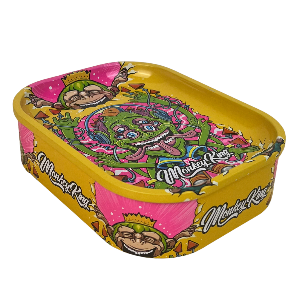 Caja metálica Beetle Print Monkey King con diseño psicodélico amarillo e ilustración central de mono coronado