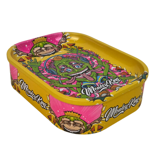 Caja metálica Beetle Print Monkey King con diseño psicodélico amarillo e ilustración central de mono coronado
