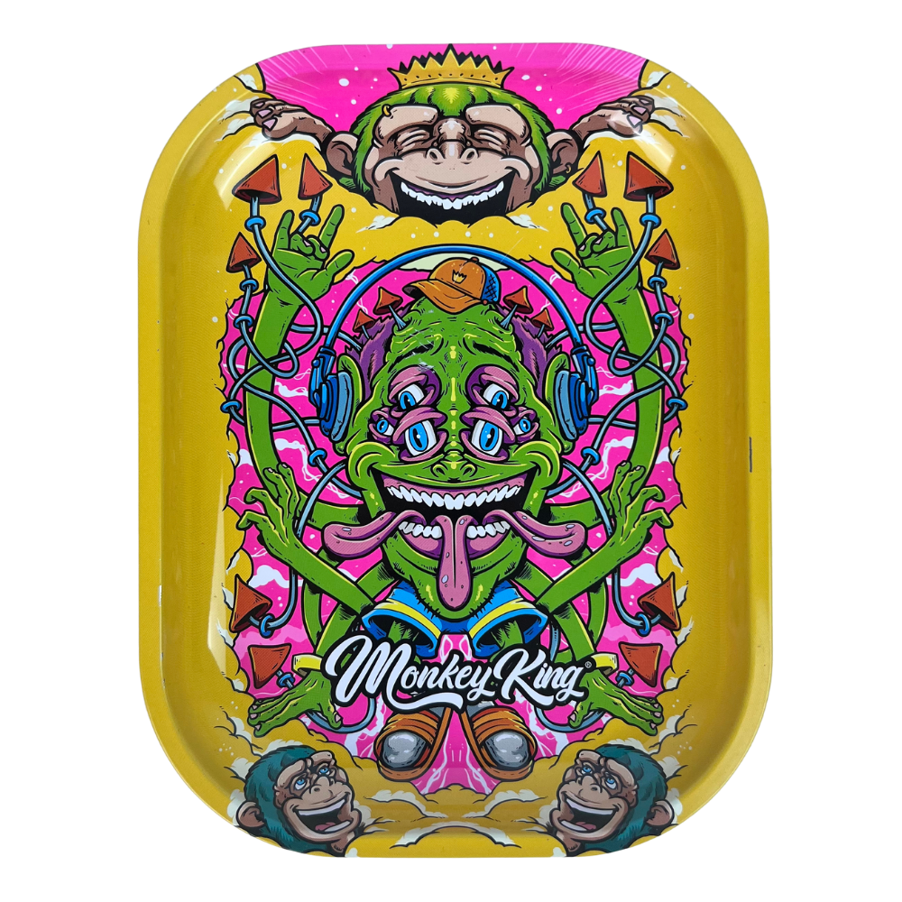 Caja metálica Beetle Print Monkey King vista desde arriba con diseño psicodélico amarillo y detalles multicolor