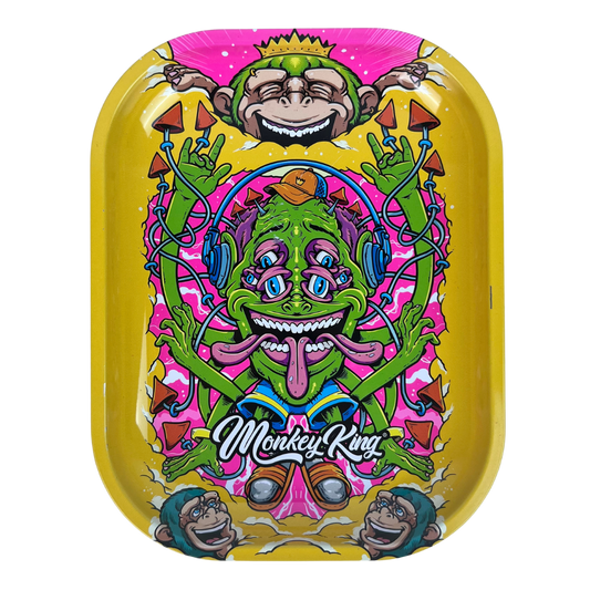 Caja metálica Beetle Print Monkey King vista desde arriba con diseño psicodélico amarillo y detalles multicolor