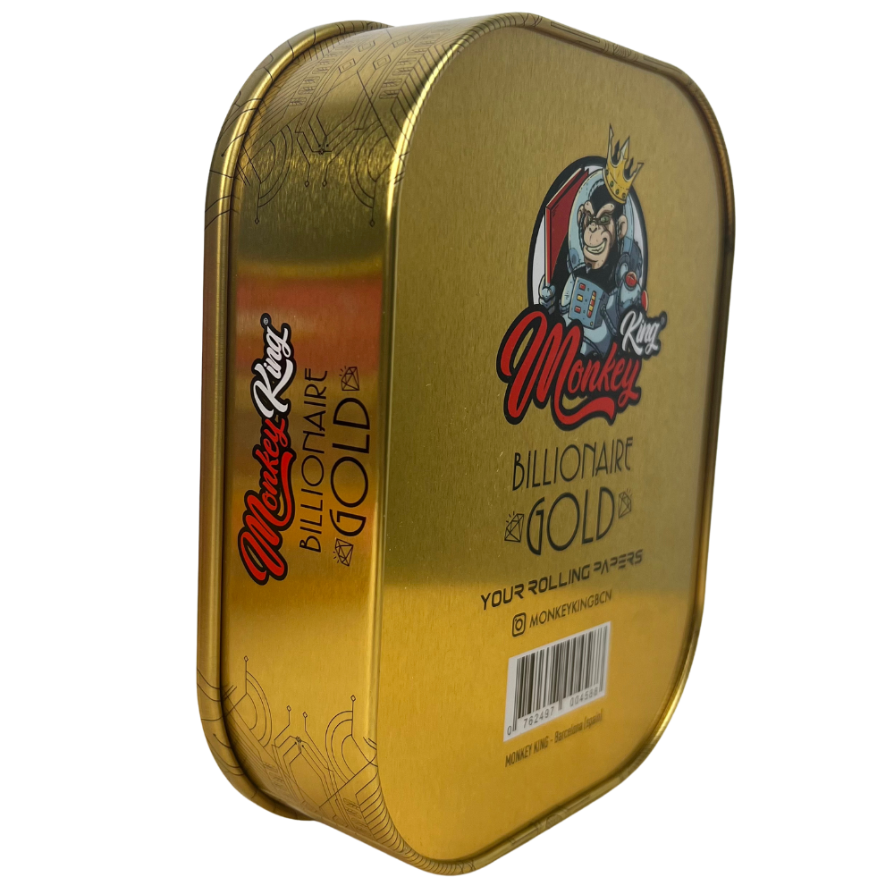 Caja metálica Beetle Print Monkey King Billionaire Gold abierta mostrando la tapa decorada y el interior metálico dorado