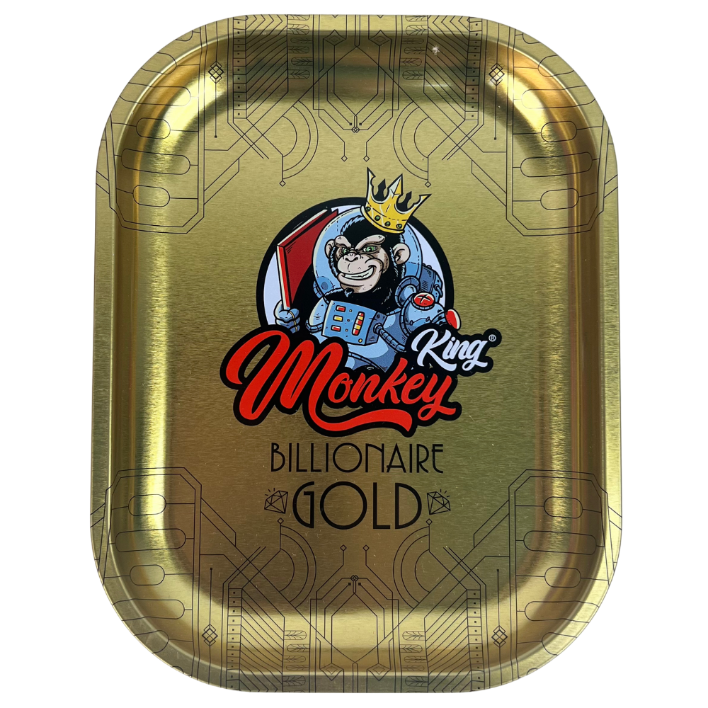 Caja metálica Beetle Print Monkey King Billionaire Gold vista desde arriba con diseño dorado y detalles gráficos elegantes