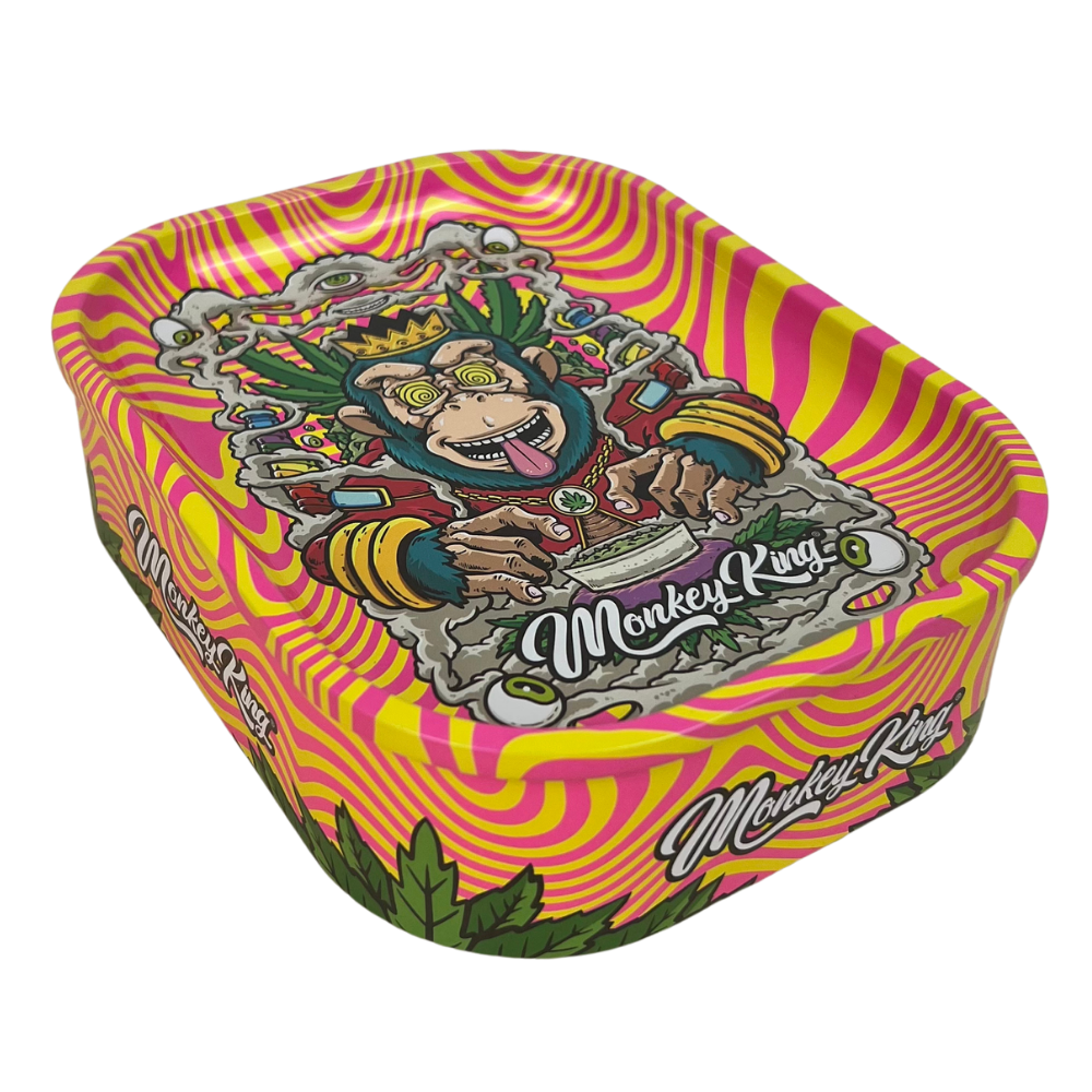 Caja metálica Beetle Print Monkey King con diseño hipnótico rosa y amarillo e ilustración central de mono coronado
