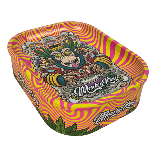 Caja metálica Beetle Print Monkey King con diseño hipnótico rosa y amarillo e ilustración central de mono coronado