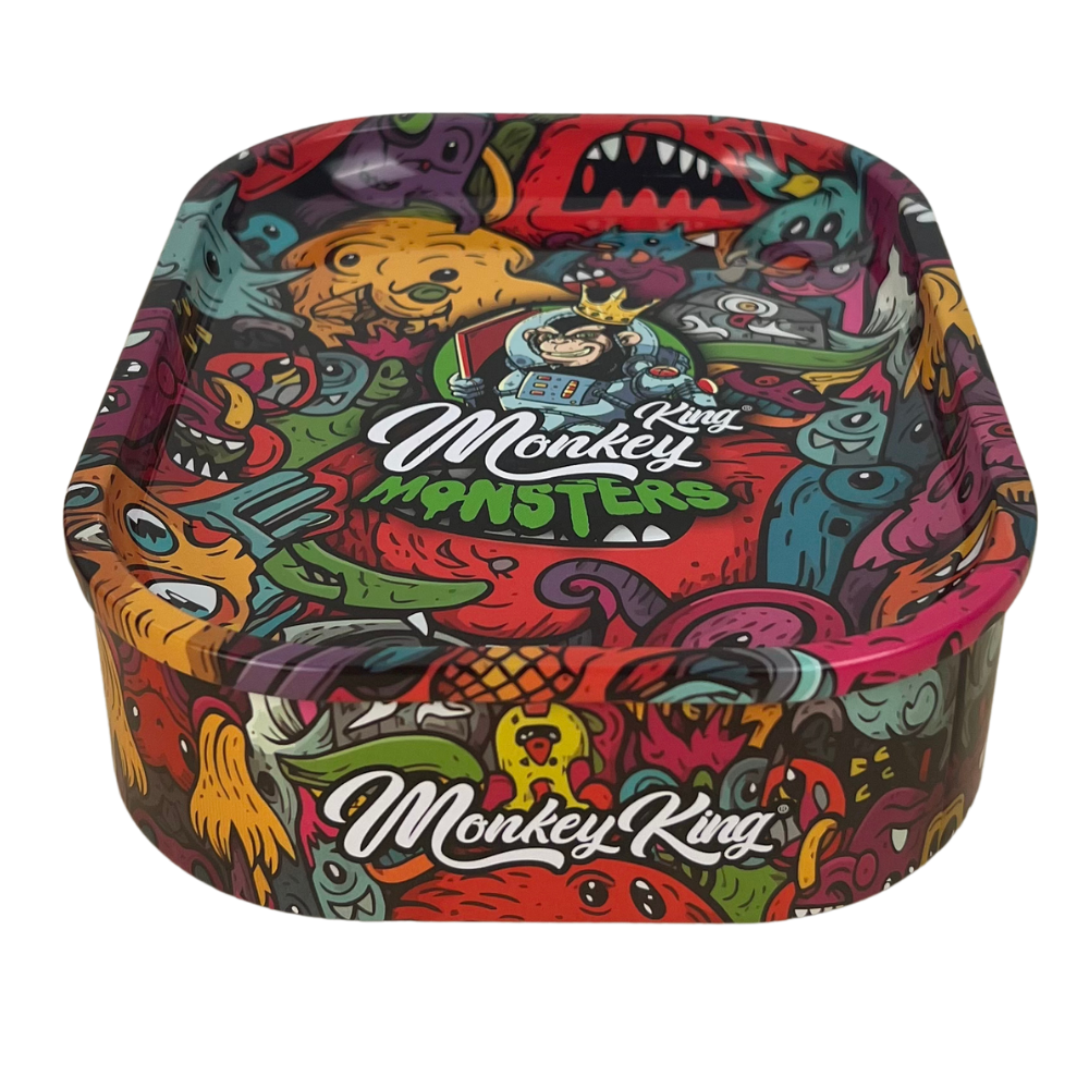 Detalle del diseño exterior de la caja metálica Beetle Print Monkey King Monsters con ilustraciones multicolor
