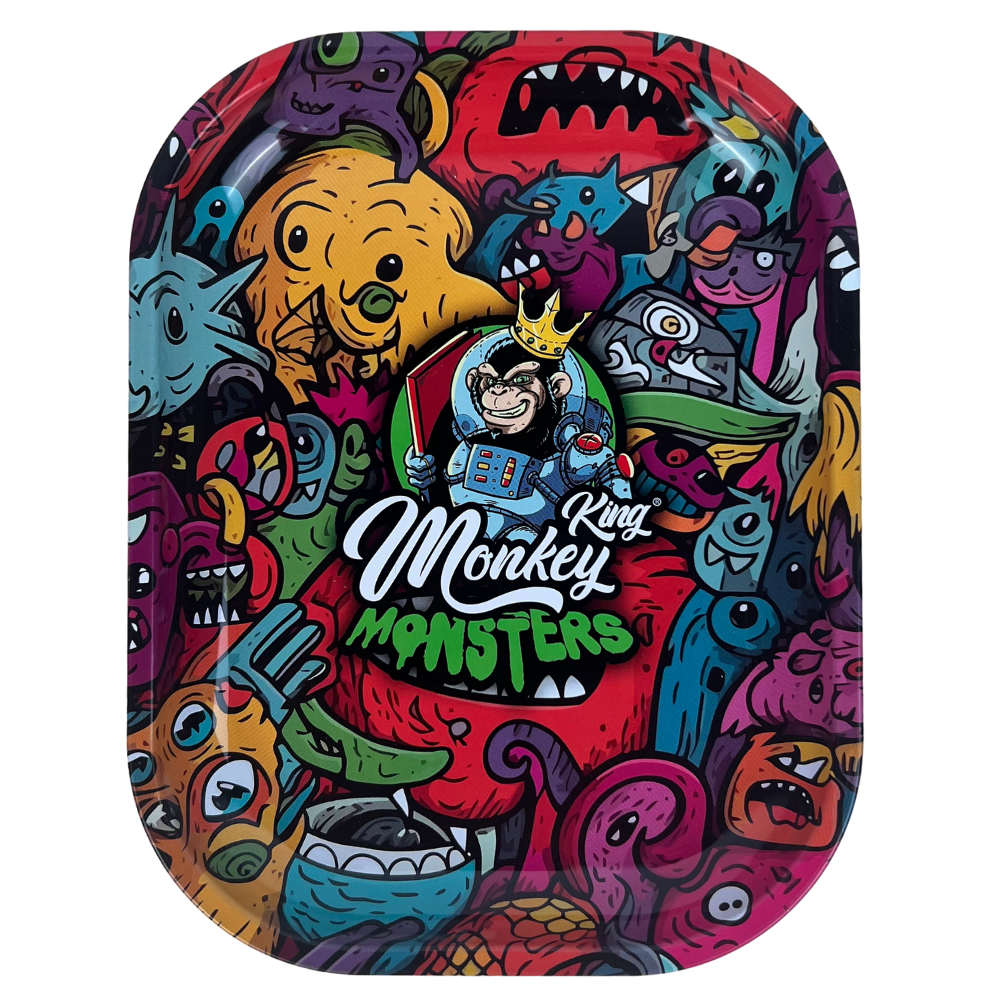 Caja metálica Beetle Print Monkey King Monsters vista desde arriba con ilustración multicolor de criaturas y fondo oscuro