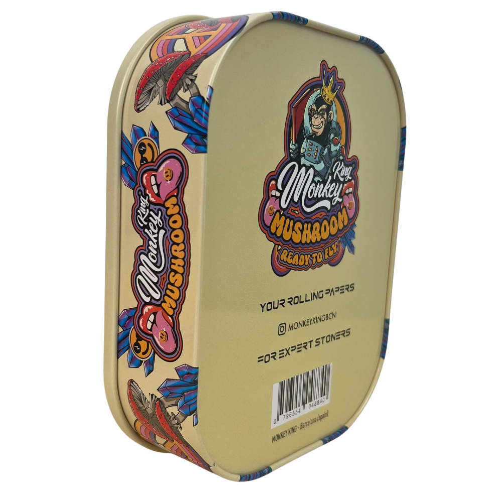 Caja metálica Beetle Print Monkey King Mushroom abierta mostrando la tapa decorada y el interior metálico dorado