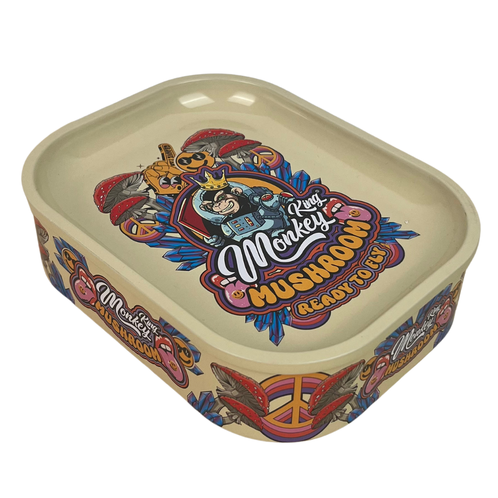 Caja metálica Beetle Print Monkey King Mushroom en tonos beige con ilustración psicodélica y diseño decorativo