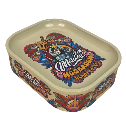 Caja metálica Beetle Print Monkey King Mushroom en tonos beige con ilustración psicodélica y diseño decorativo