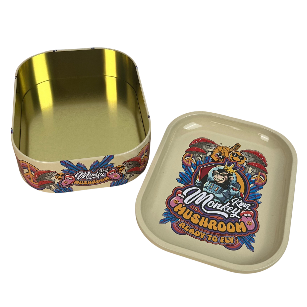 Caja metálica Beetle Print Monkey King Mushroom abierta mostrando el interior dorado y la tapa decorada