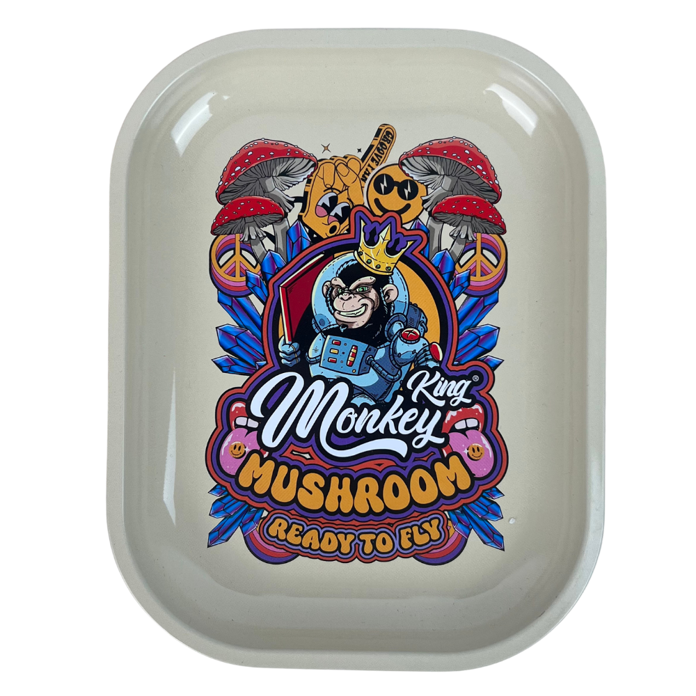 Caja metálica Beetle Print Monkey King Mushroom vista desde arriba con diseño beige, azul, rojo y naranja
