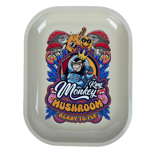 Caja metálica Beetle Print Monkey King Mushroom vista desde arriba con diseño beige, azul, rojo y naranja