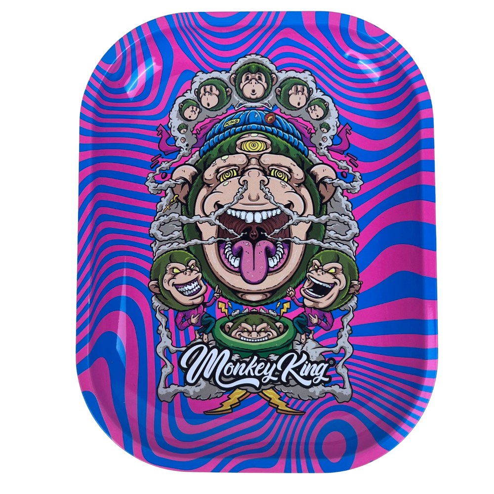 Detalle del diseño exterior de la caja metálica Beetle Print Monkey King con ilustración colorida en rosa y azul