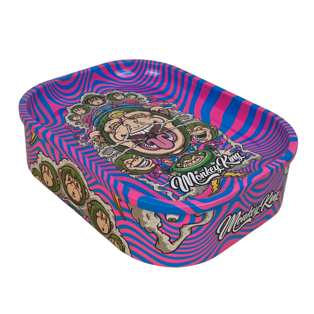Caja metálica Beetle Print Monkey King con diseño hipnótico rosa y azul e ilustración central de mono coronado