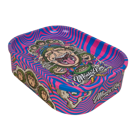 Caja metálica Beetle Print Monkey King con diseño hipnótico rosa y azul e ilustración central de mono coronado