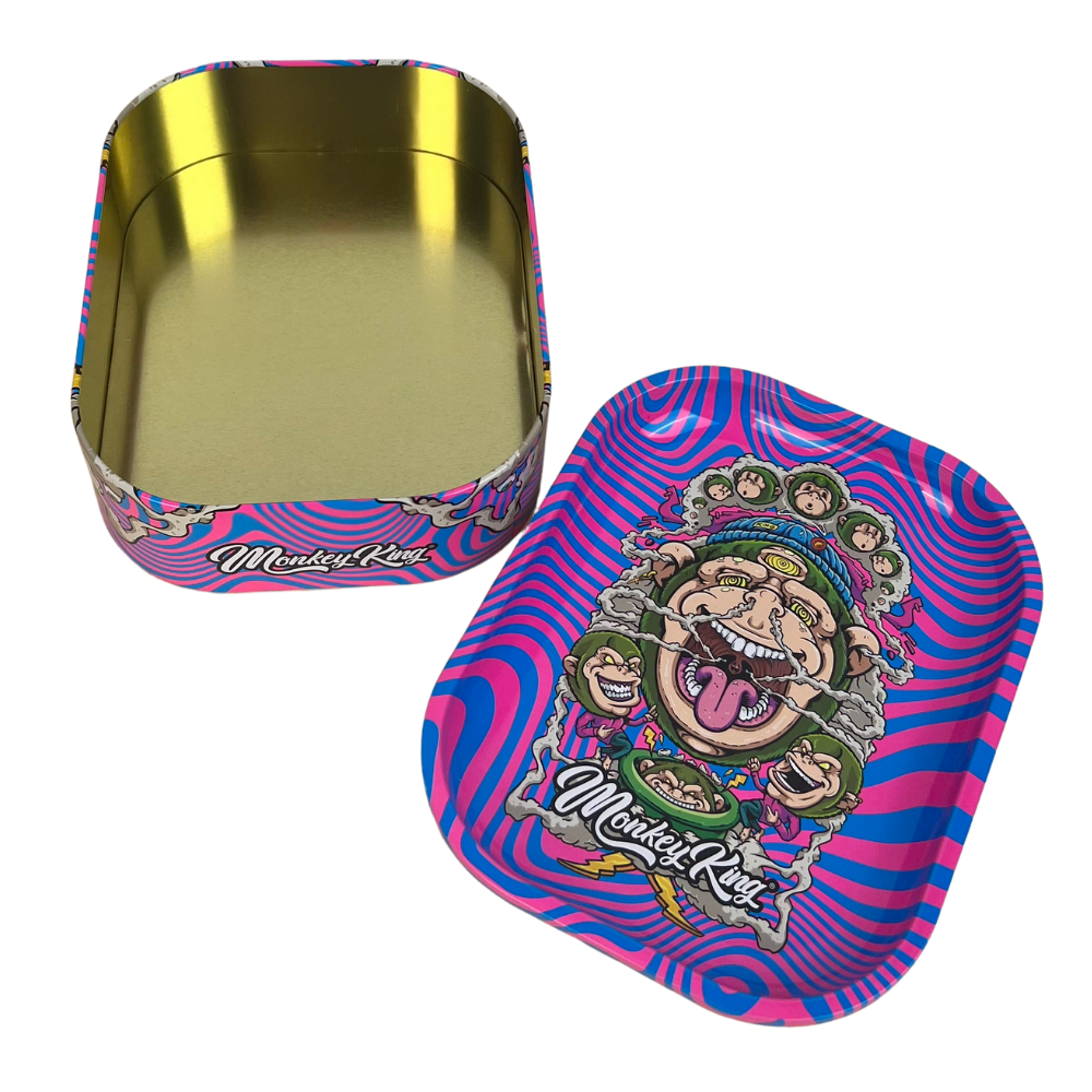Caja metálica Beetle Print Monkey King abierta mostrando el interior dorado y la tapa decorada en rosa y azul