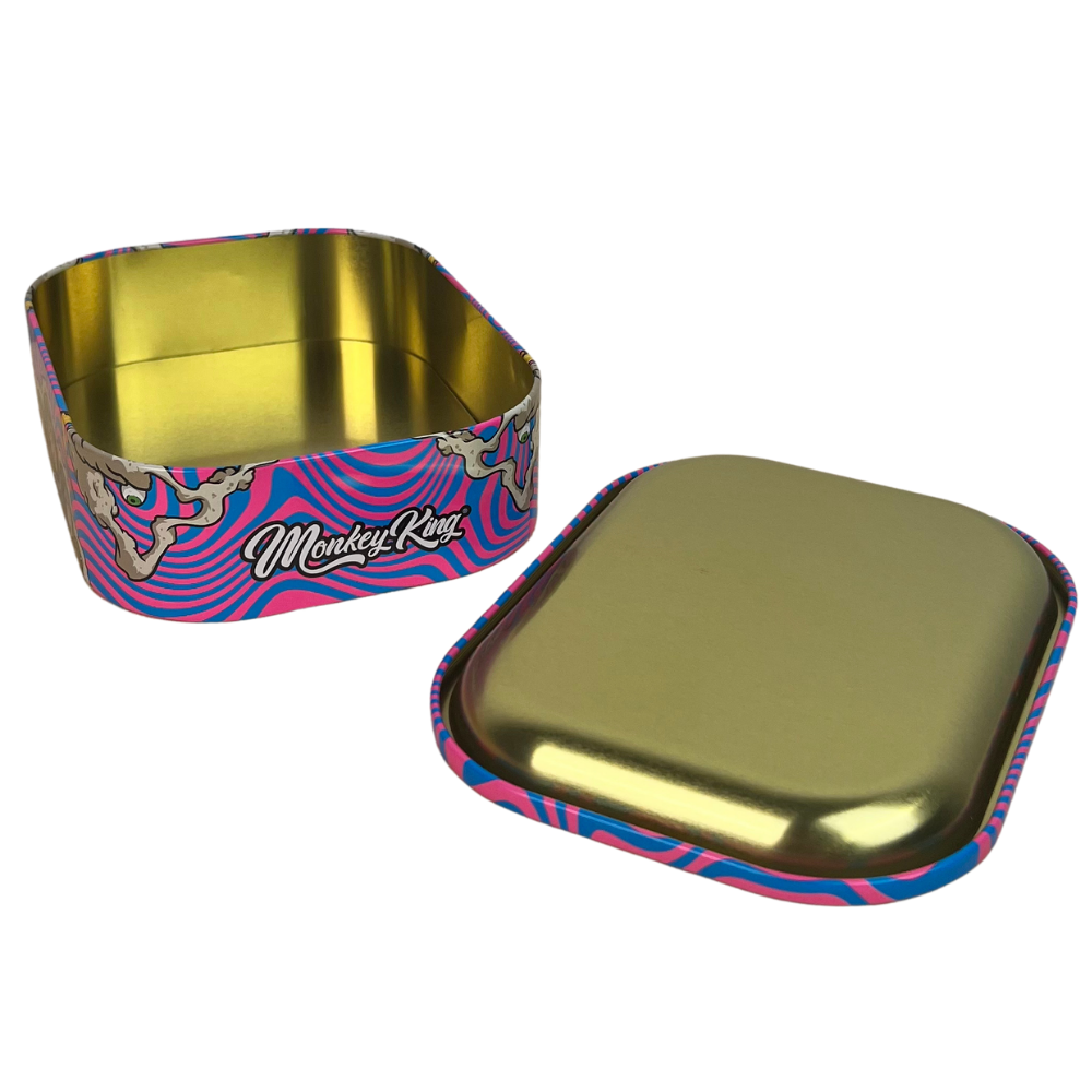 Caja metálica Beetle Print Monkey King mostrada en vista lateral con acabado gráfico rosa y azul